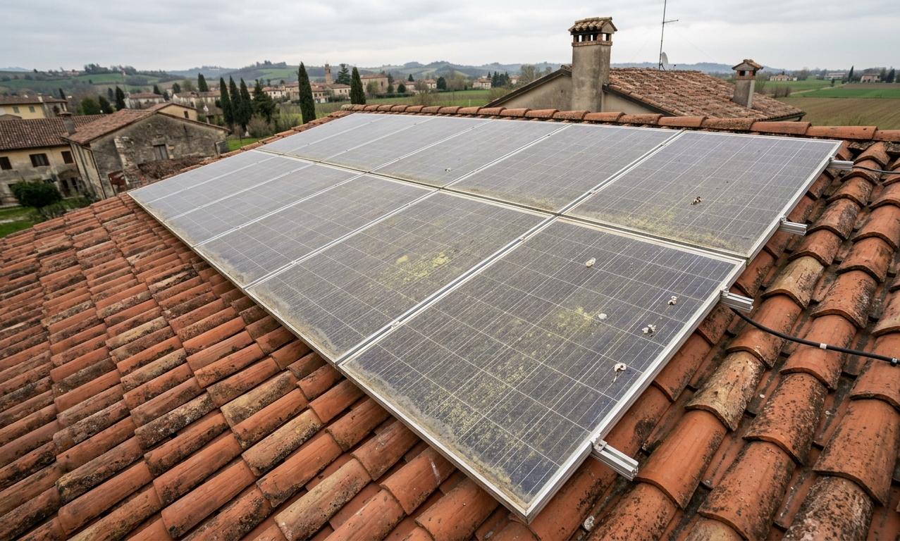 Pannelli fotovoltaici sporchi prima dell'intervento